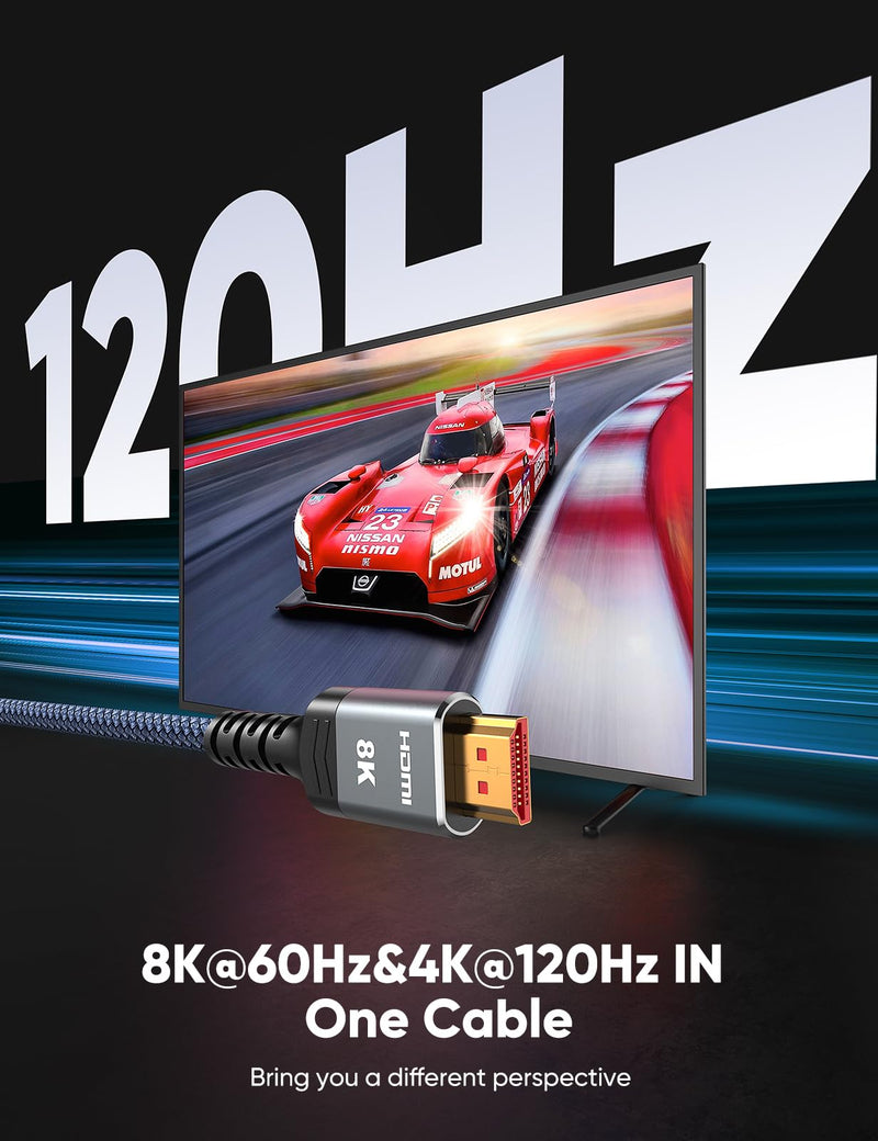 Highwings 8K HDMI 2.1 Cable 15FT 2-Pack, Slim Ultra High Speed HDMI Braided Cord-48Gbps,4K@120Hz 8K@60Hz, HDCP 2.2&2.3, Dynamic HDR,eARC,DTS:X,RTX 3090,Compatible with Roku TV/HDTV/PS5/Blu-ray 15 feet Grey
