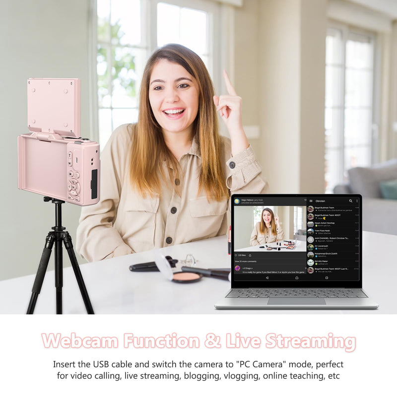 4K Digital Camera with 180° Flip Screen, 64MP Compact Vlogging Camera, Pink | Point And Shoot Camera with WiFi, 32GB SD Card, Easy To Use Digital Camera Kit for Travel and Beginners
