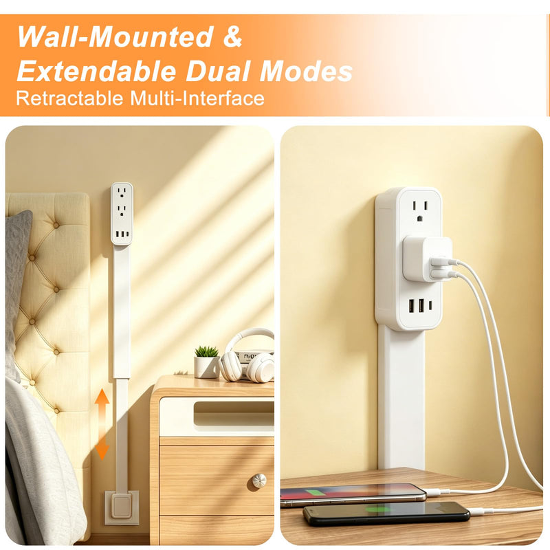 Outlet Extender Stick - Features USB-A, USB-C and 2 AC Outlets, Extends 17.5"-29.1", Rotates 360° Access Hard-to-Reach Outlets, Wall Plug Power Socket Expander Nightstands, Sofa, Desks and More Grey White