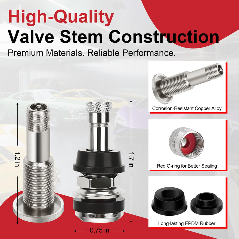 TR416 Valve Stem, 4 Pack Premium Metal Tire Valve Stems for Tubeless Tires, Fits 0.453" & 0.625" Rim Holes, Silver