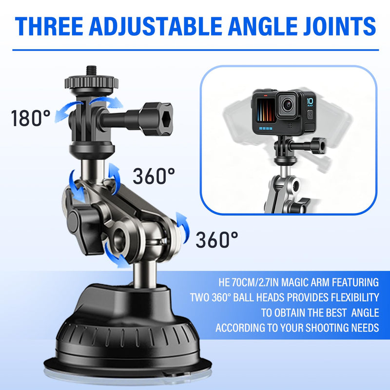 Suction Cup Mount for GoPro Hero 11/10 / 9,for DJI Osmo Action/Procket,for Insta360 X3,Compatible with for iPhone and Android Additions,Mount on Car Windshield Window Dashboard Boats Vehicle