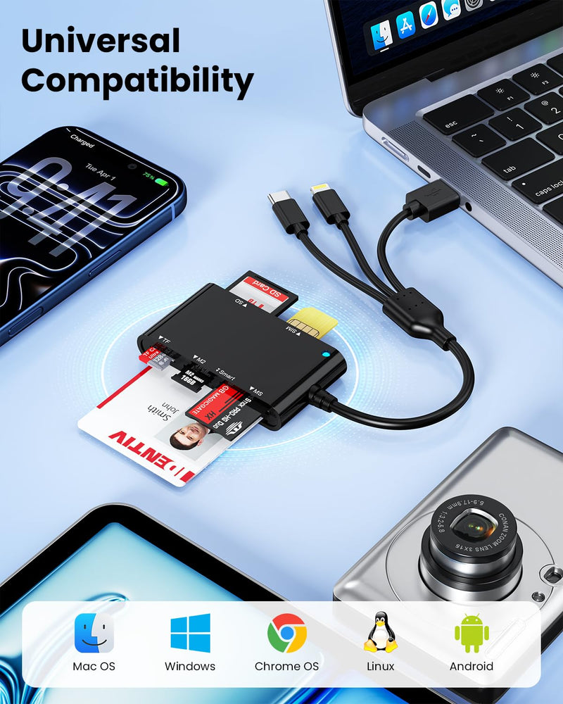 USB-A/USB-C/Lightning Smart ID Card Reader ID Bank SIM Chip SD Card Adapter | CAC ISO7816 ID Card Reader for SD/TF/MS/M2/SIM/IC/CAC&PIV Cards | Accepts Contactless for PC,Windows,Linux,Mac,Plug-and-Play Black