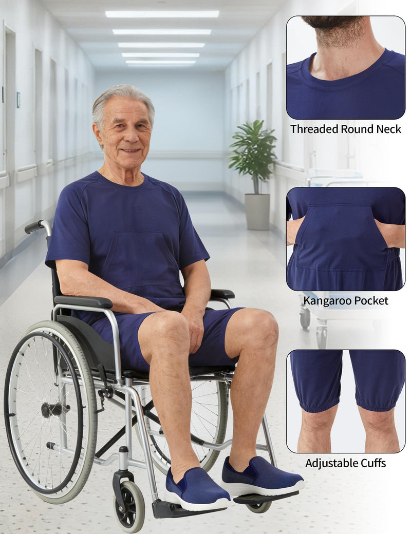Adaptive Clothing for Men, Anti-Strip Back-Zip Jumpsuit Cotton Romper- Elderly Easy Care Onesie for Special Needs Large Navy