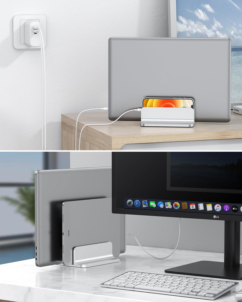 OMOTON Vertical Laptop Stand [Updated Double Version], Desktop Aluminum Mac Book Stand with Adjustable Dock Size, Fits All Mac Book, Surface, Chrome Book and Gaming Laptops (Up to 17.3 inch) (Silver) Silver