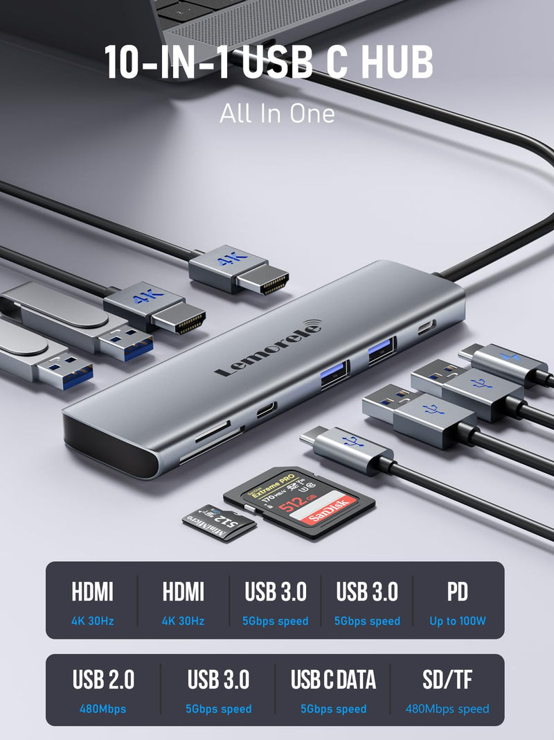 USB C Docking Station Dual Monitor, 10 in 1 USB C Hub with 2 HDMI Ports, PD Charging, SD/TF, 5 USB C/A Ports, Dual HDMI Adapter for Dell XPS/HP/Lenovo/Surface 10-in-1 With Dual Monitor