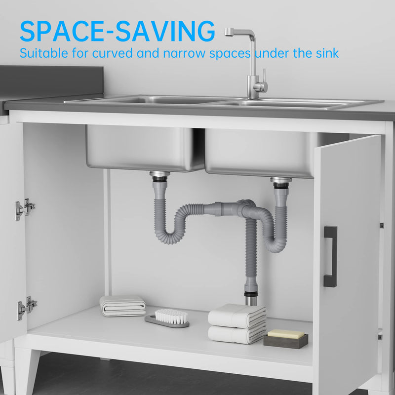 Flexible Expandable P-Trap Kit for Double Kitchen Sink Drain - Fits 1 1/2" or 1 1/4" Pipes-Complete with Sealing Ring, Tape, and Tubing - Perfect for Kitchen, Bathroom, and Restroom Use