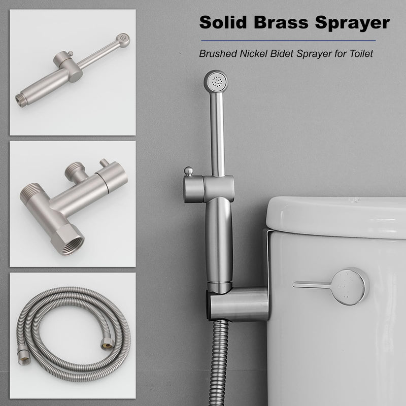Brushed Nickel Bidet Sprayer Set, Handheld Bidet Taps Attachment for Toilet with Adjustable Water Pressure, Solid Brass Bidet Attachment Set Brushed Nickel