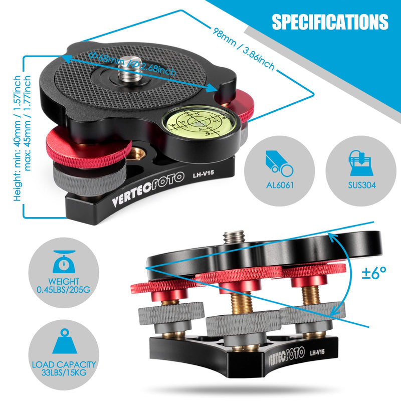 【UPGRADED】 Tripod Leveling Base : Bigger bubble level w/crosshair, Fine leveling faster; Enlarged lock knobs, Lock easier, Perfect for a Smart telescope or Panos; Max load 33 Ib