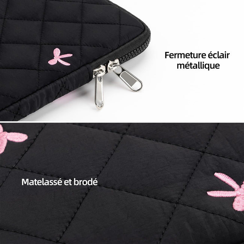 15-16 Inch Laptop Sleeve, Bow Embroidered with Pouch, Black | Quilted Shockproof Padding, Scratch-Resistant Lining, Water Resistant Fabric, Accessory Pouch, Slim for Work, School & Travel 15-16 Inch