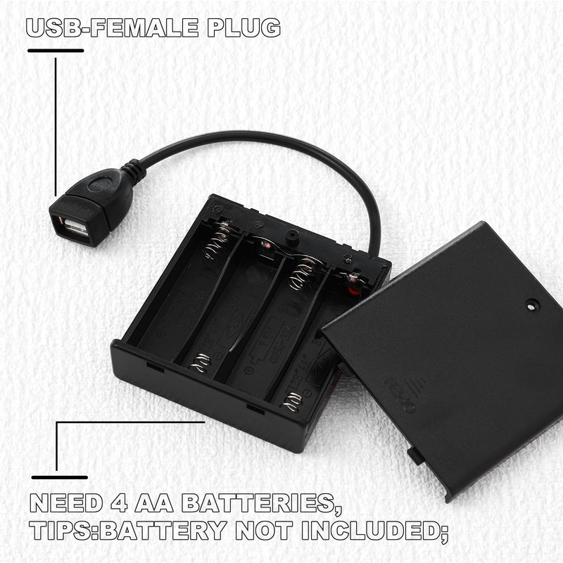 Copkim 12 Pcs USB Battery Pack for LED Lights Portable 5V Battery Pack with Cover for Plug in Lights, 4 AA Holder with Switch for Christmas New Year Neon Signs Outdoor Camping, Black