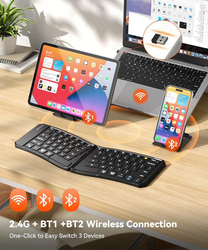 Ergonomic Foldable Keyboard, 3-Device Dual Mode 2.4G & Bluetooth | Ultra-Slim Portable Wireless Design for Travel&Lap Use, Connects up to 3 Devices, Compatible with iOS, Android, Windows