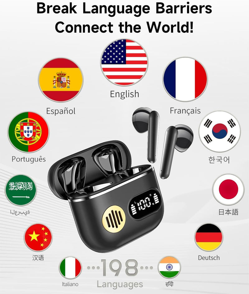 CoolJumper Wireless Bluetooth 6.1 Earbuds with Real-Time AI Assisted Translation, Digital LED Charging Case Waterproof Sport in Ear Headphones for Travel Gym Running Solid black
