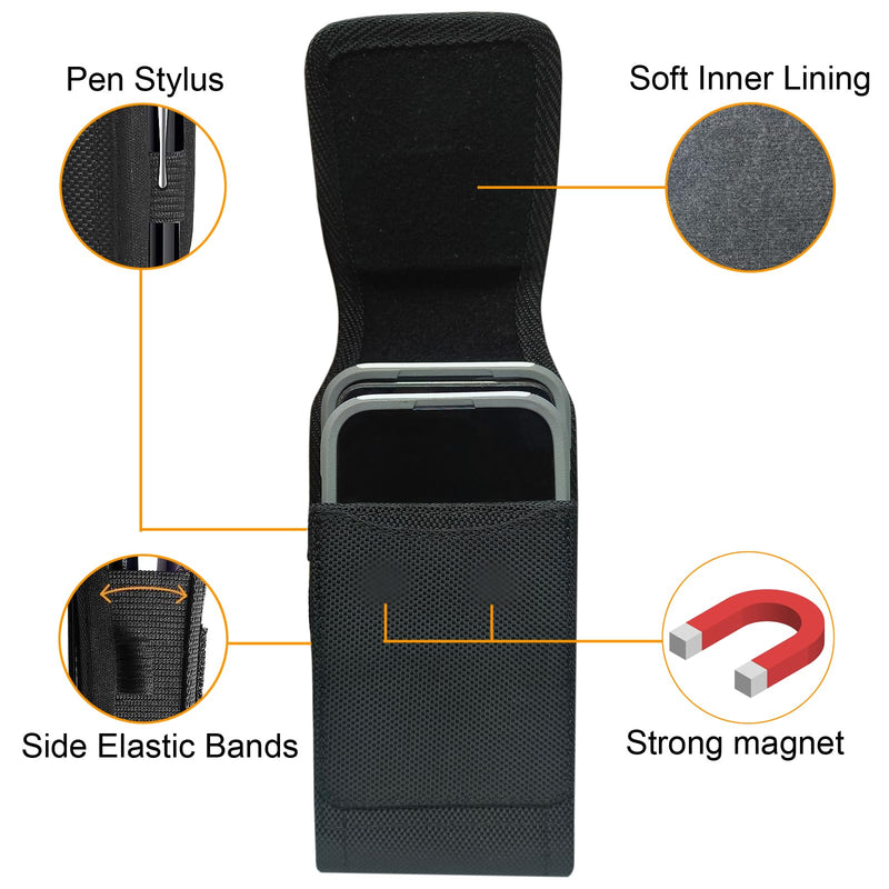 Nylon Dual Phone Holster Case for iPhone 17 16 15 14 13 12 11 Pro Max/Plus, Large Belt Clip Cell Phone Case for Galaxy S25 S24 S23 S22 S21 S20 Ultra,Fits 2 Phones with Case On（Black）