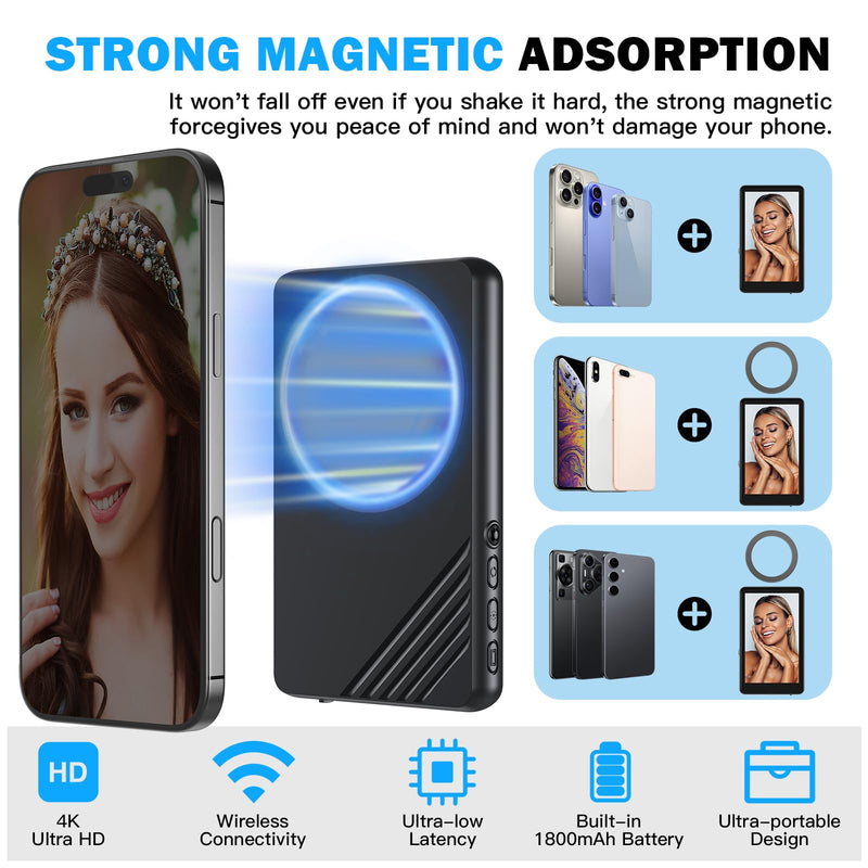 Back Camera Monitor iPhone,Newest Magnetic Phone Vlog Selfie Monitor Screen for Content Creator,Influencer and TikTok,Live Streaming,Compatible with iPhone & Android, Black