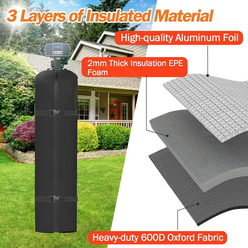 Water Softener Cover Outdoor Insulated, 3 Layers Insulation Water Softener Tank Jacket, Water Softener Covers for Outside Units, 10''D x 54''H(Cover Only)- Black 10''D x54''H