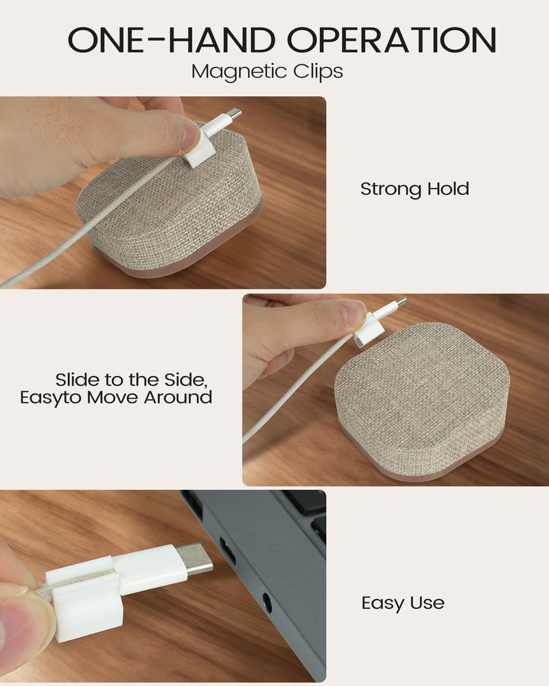 Magnetic Cord Holder, 5 Cable Clips, Desk & Nightstand Organizer | 2-In-1 Cable Management, Holds Up to 5 Cables, Anti-slip Base, Charging Accessory for Home, Office & Gift Giving Beige