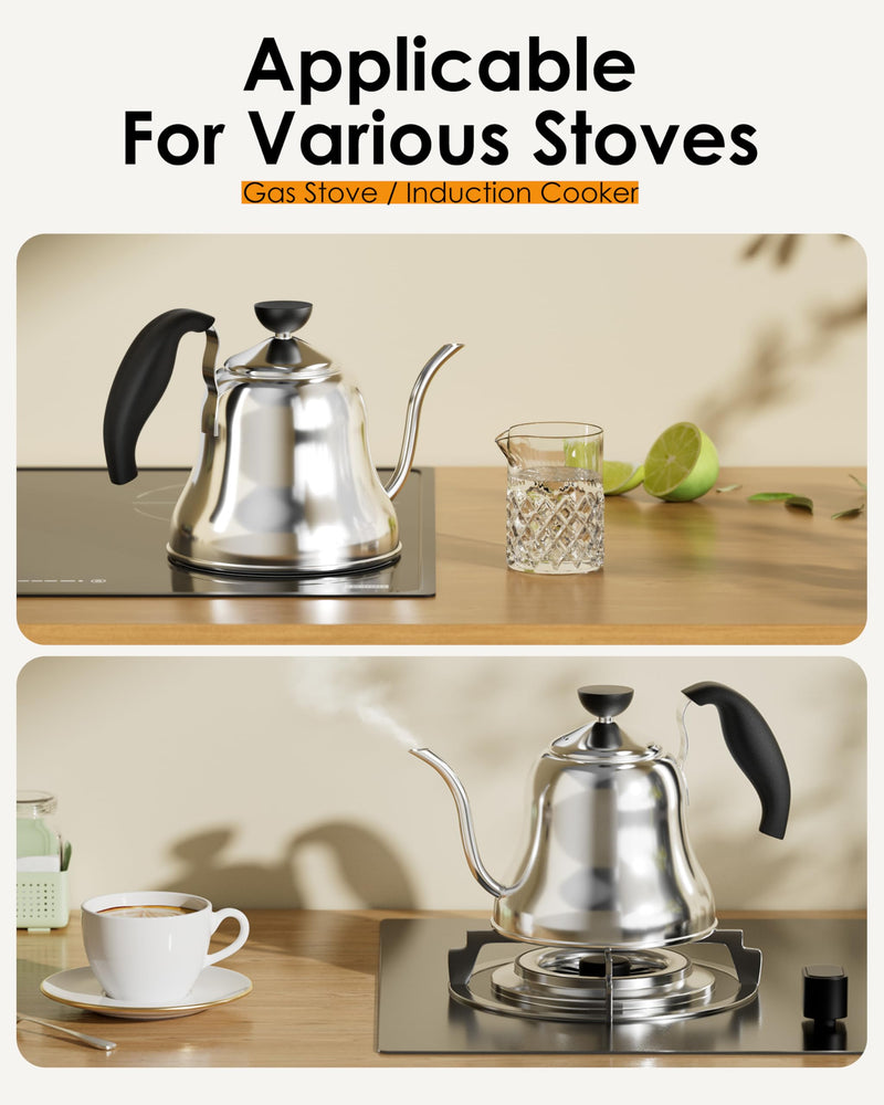 Tea Kettle for Stovetop, Gooseneck Pour Over, Flow Control, 28oz, Silver | Food Grade Stainless Steel，for Home & Kitchen, Precise Gooseneck Spout， Induction & Gas Applicable Mirror Silver