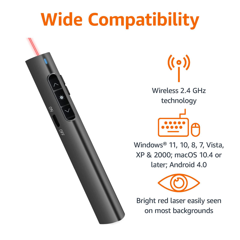 Amazon Basics Wireless Presenter, Red Laser, 2.4GHz, Hyperlink, Lithium Battery Operated