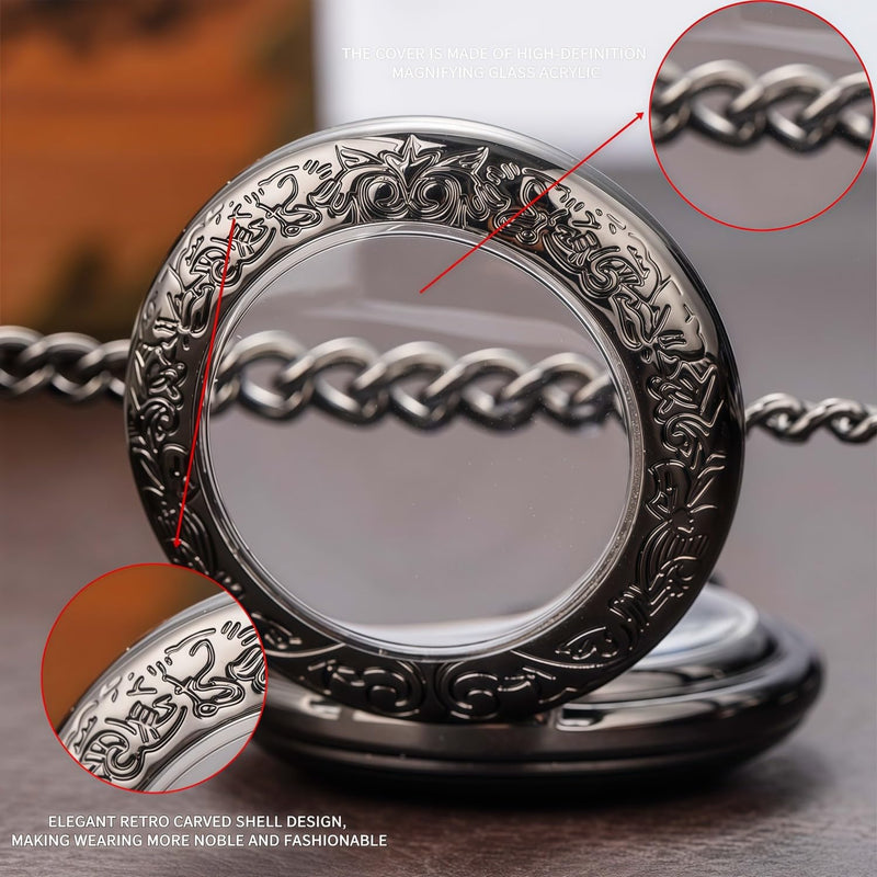 Mechanical Pocket Watch, for Men Women Special Magnifier Half Hunter Engraved Case Roman Numerals with Chain Bc. Sun-God-Bird, Black Blue