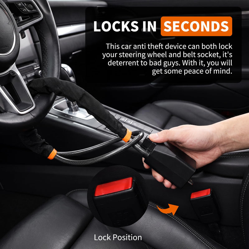 Vitog Car Steering Wheel Lock, Seat Belt Lock, Max 17" Length Universal Anti-Theft Device, Compact & Lightweight, Fit Most Vehicle, SUV, Golf Cart, Multi-Function Security Lock with Keys