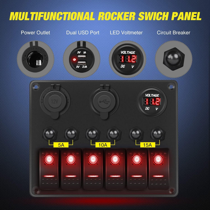 Nilight 6 Gang ON Off Rocker Switch Panel Red Backlit 12V 24V LED Digital Voltmeter 3.1A Dual USB Charger Cigarette Lighter Socket Overload Protection Switch Panel for Cars RVs Boats (90122F)