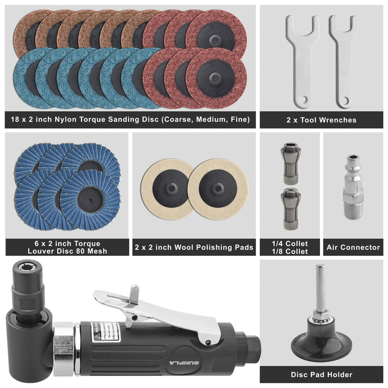 Gunpla 1/4 inch Angle Air Die Grinder, 90 Degree Heavy Duty 20,000 RPM with 26 pcs 2-inch Sanding Discs for Grinding, Deburring, Engraving, Polishing, Engraving and Rust Removal