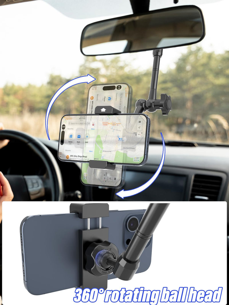 Car Phone Holder, Metal Magic Arm Rear View Mirror Phone Holder, Rotatable Cellphone Mount for Car Rearview Mirror Compatible with 4-7" Mobile Phones, Fit for Car Rearview Mirrors with Tubes