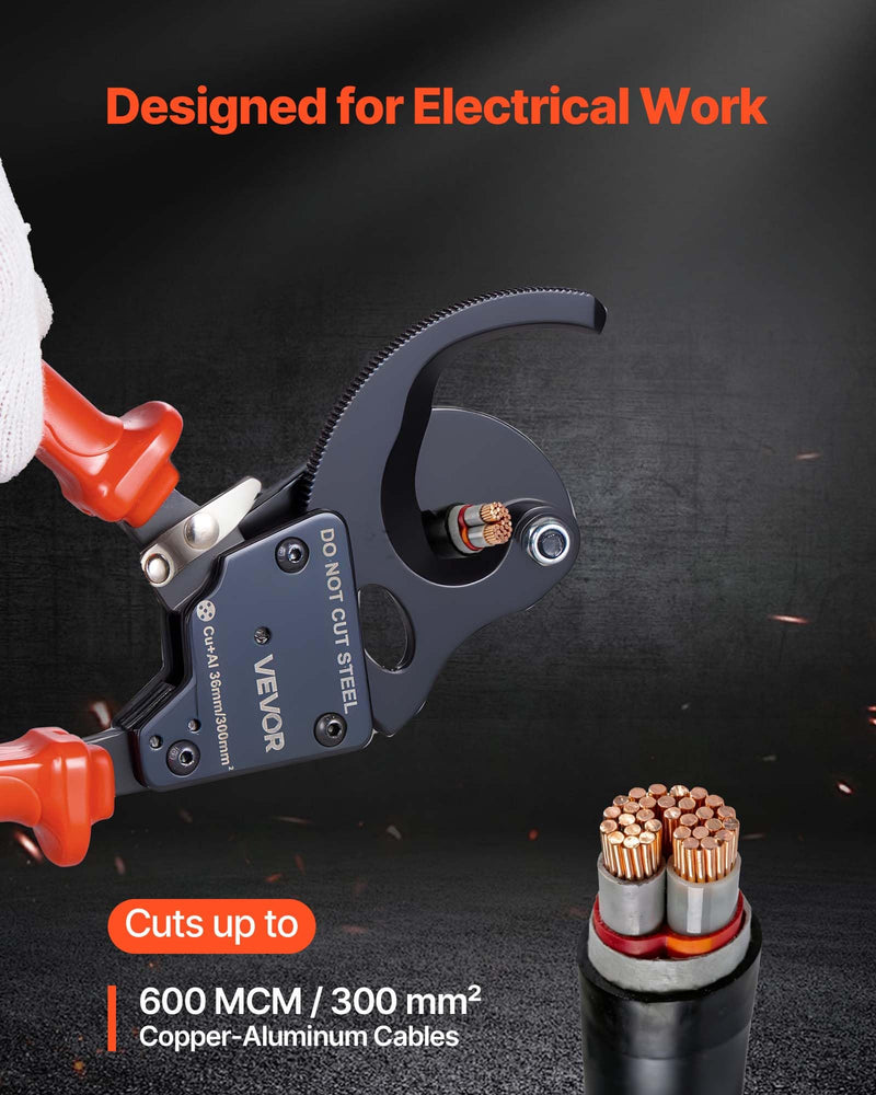 VEVOR Ratcheting Cable Cutter, Spring Steel Blades with PVC-Coated Handles, Quick-Release Button, Heavy Duty Ratchet Cable Wire Cutter for Cutting Copper & Aluminum Cables Up to 600 MCM / 300 mm² 11inch/600 MCM / 300 mm²