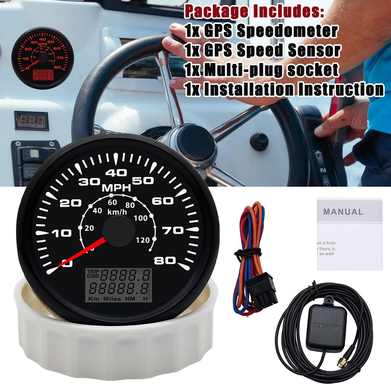 Geloo 85MM GPS Speedometer Gauge Boat MPH Speedometer Waterproof 0-80MPH 0-120KM/H Marine Speedometer Odometer LCD Indicators with 7 Backlight fit Car Truck Motorcycle Speedometer GPS Gauge Auto 9-32V 80 MPH Black
