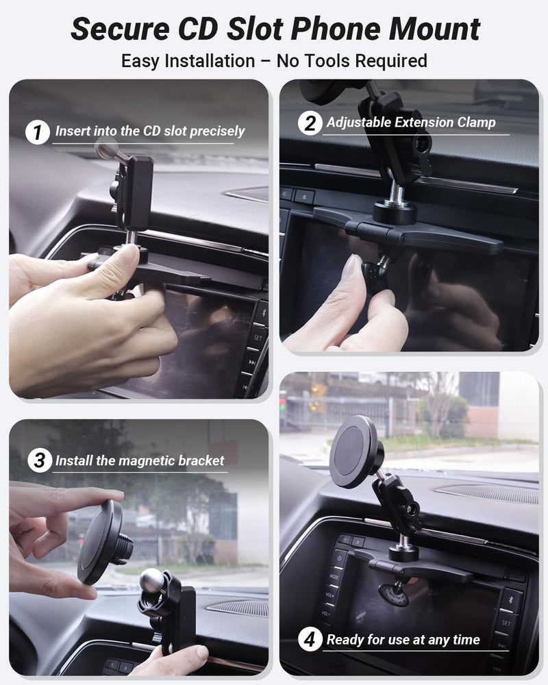 Metal Magnetic CD Slot Car Phone Mount with Adjustable Aluminum Arm | 360° Rotation Hands-free Magnet Holder for Car CD Player, Fit for iPhone 17 16 Pro/Max/Plus, Samsung, and All Android Phones