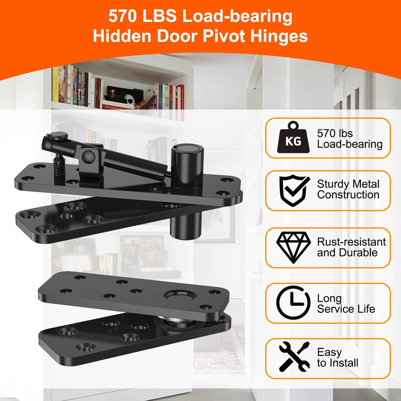 Hidden Door Hinge, 570LBS Load-Bearing Thickened Solid Alloy Steel, 360° Rotation Heavy Duty Pivot Hinge, Swinging Conceal Hinges for Secret Doors, Bookcase, Murphy & Shelf Doors 1 Set