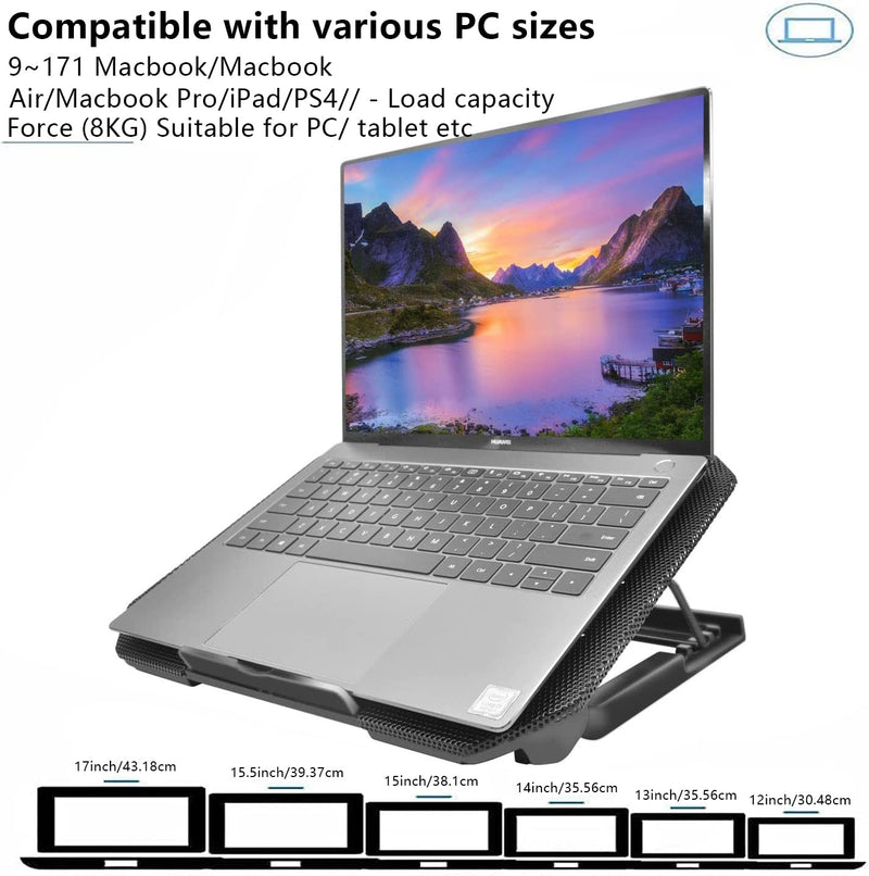 Laptop Cooling Pad, Cooler Pad Chill Mat 2 Quiet Fans LED Lights and 2 USB Ports 5 Height & with Adjustable Speed Mounts Metal Mesh Design, for 9"-17" Laptops（Black） Black