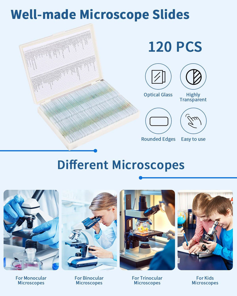 120-Pcs Microscope Slides with Specimens,Plant, Animal, Algae,etc,Educational Microscope Slides and Covers for Young Scientists,Perfect for Biology Class and Experiments 120pcs