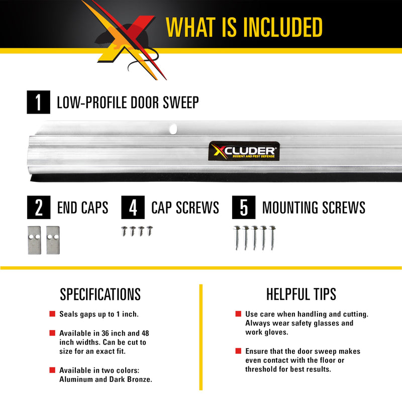 Xcluder 48" Low-Profile Door Sweep, Aluminum – Seals Out Animals, Enhanced Weather Sealing, Easy to Install; Door Seal Guard; Chew Proof Low Profile 48 Inch