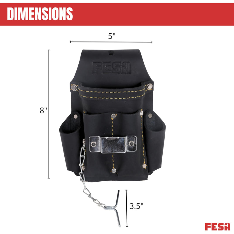 FESA Small Electrician's Tool Pouch - Leather 7-in-1 Small Tool Pouch with Steel Tape Measure or Drill Clip, Tape T-Chain & 5 Pockets - Clip On Any Belt - Handcrafted Black