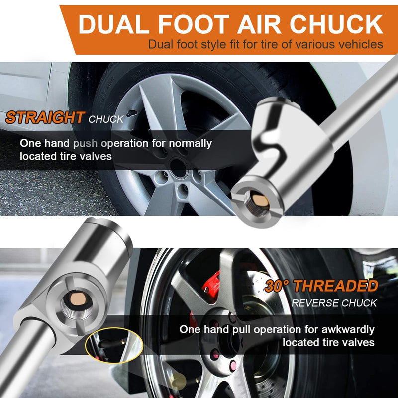 SAFELIFE 16-1/4" Extended Dual Head Air Chuck for Semi Trucks Dually Tires, 1/4" FNPT Heavy Duty Lock On Tire Inflate Chuck w/Quick Plug - Closed Flow
