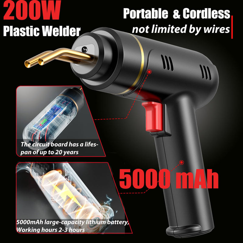 200W Cordless Plastic Welder, Plastic Welding Kit with 1200PCS Hot Stapler, USB Rechargeable Plastic Welder Gun with 5000mAh Battery, Plastic Weld Bumper Repair Kit for Most Plastic Repair Black