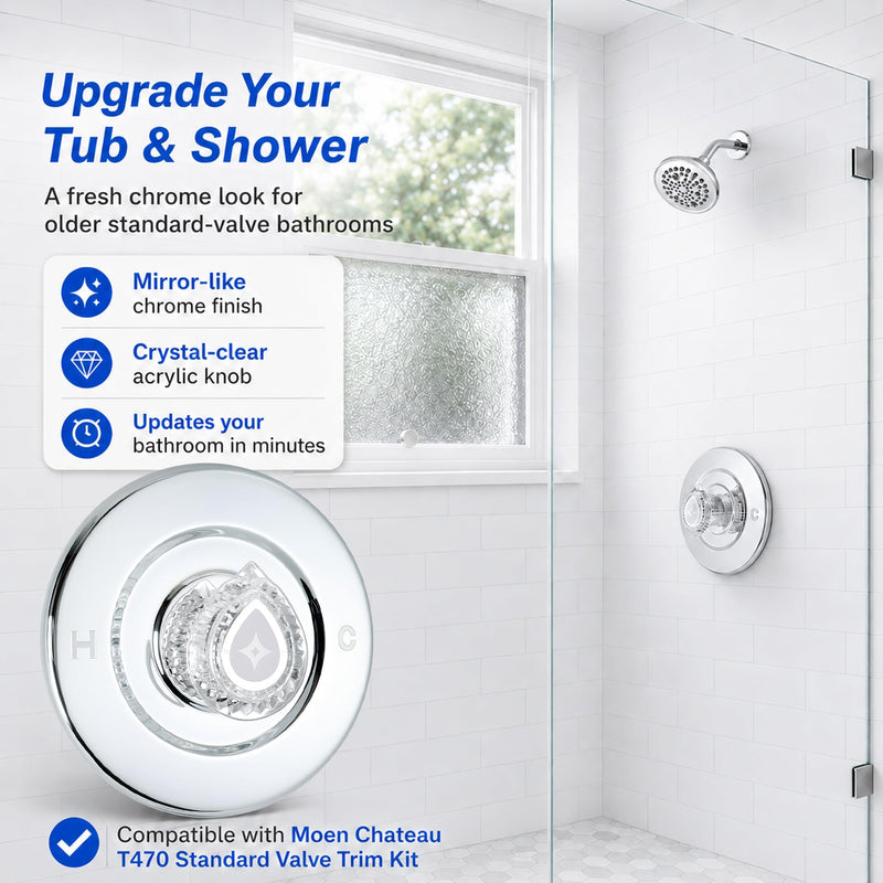 Shower Trim Kit Compatible with Moen T470 Chateau Shower Trim Kit, 1225 Cartridge trim kit Compatible with Moen Single Handle Tub/Shower Standard Valve, Escutcheon, Tubes and Handle (Chrome) Polished Chrome