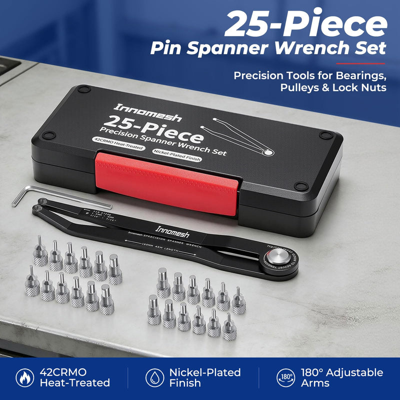25 Piece Pin Spanner Wrench Set,42CRMO Heat-Treated,Nickel-Plated Finish,Adjustable Spanner Wrench for Bearings,Pulleys & Lock Nuts,Metric & Imperial Precision Pin Wrench,160mm Arms,180° Rotation 25PC