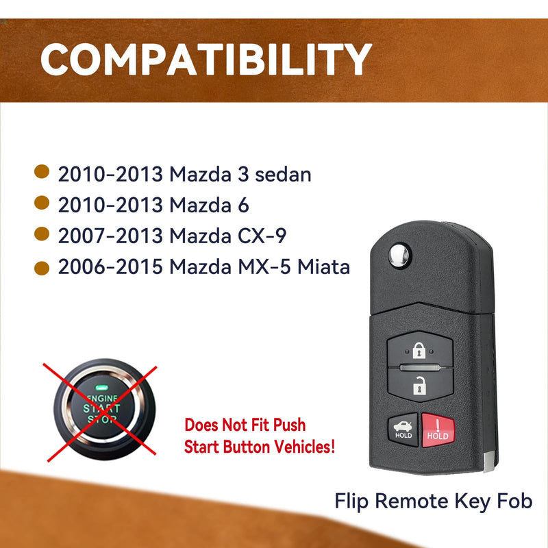 2PCS Remote Key Fob Replacement for Mazda 3 6 2010 2011 2012 2013 | 4 Button Flip Key for Mazda CX-9 MX-5 Miata, DIY Match Key Functions, Chip & Blade by Locksmith Required