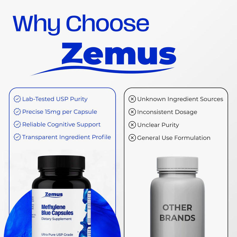 Zemus Methylene Blue Capsules – 15mg Pharmaceutical Grade USP – Made in USA – 99.9% Pure Methylene Blue for Human Use, Lab Tested, Cognitive Support - 120 Capsules 120 Capsules - 120 Day Supply