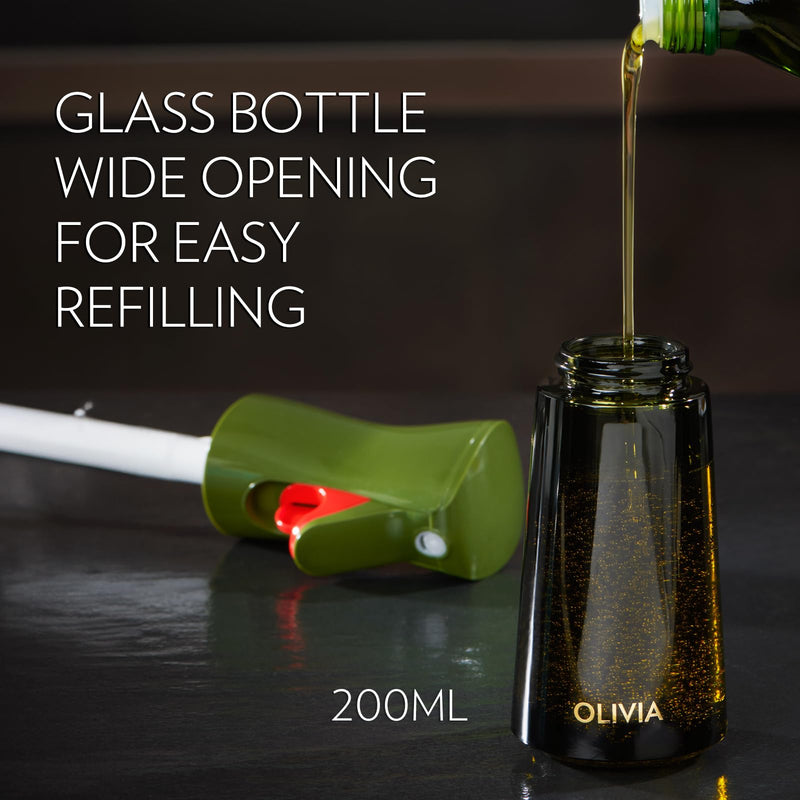 FLAIROSOL OLIVIA Oil Sprayer for Cooking, 200ml Glass Olive Oil Sprayer, Continuous Cooking Spray with Portion Control, Oil Dispenser for Kitchen, Air Fryer, Salad, BBQ (Green Bottle, Gold Print) 1 Pack Green