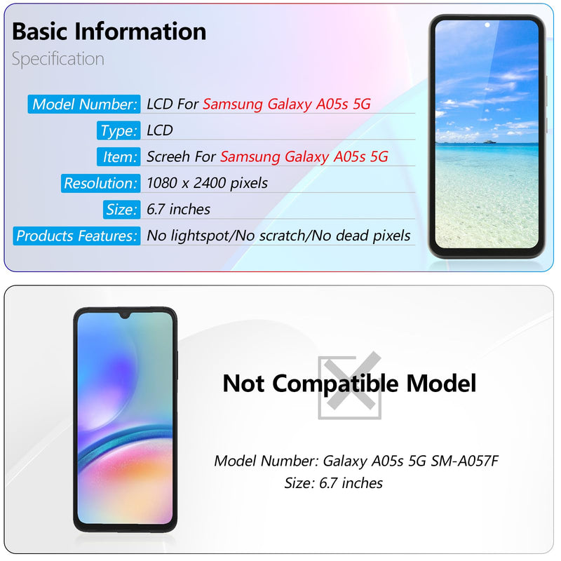 YWLRONG Display for Samsung Galaxy A05S Screen Replacement LCD Touch Screen Digitizer Assembly for Galaxy SM-A057F SM-A057M with Tools （with frame）