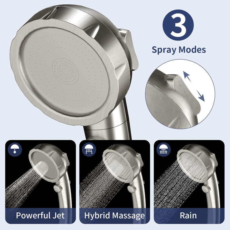HANLIAN High Pressure Shower Head with Pause Button, 3 Spray Modes Shower Head for RV Camper, Water Saving On Off Shower, Handheld Shower Head with Hose and Self-adhesive Holder (Brushed Nickel) Brushed Nickel
