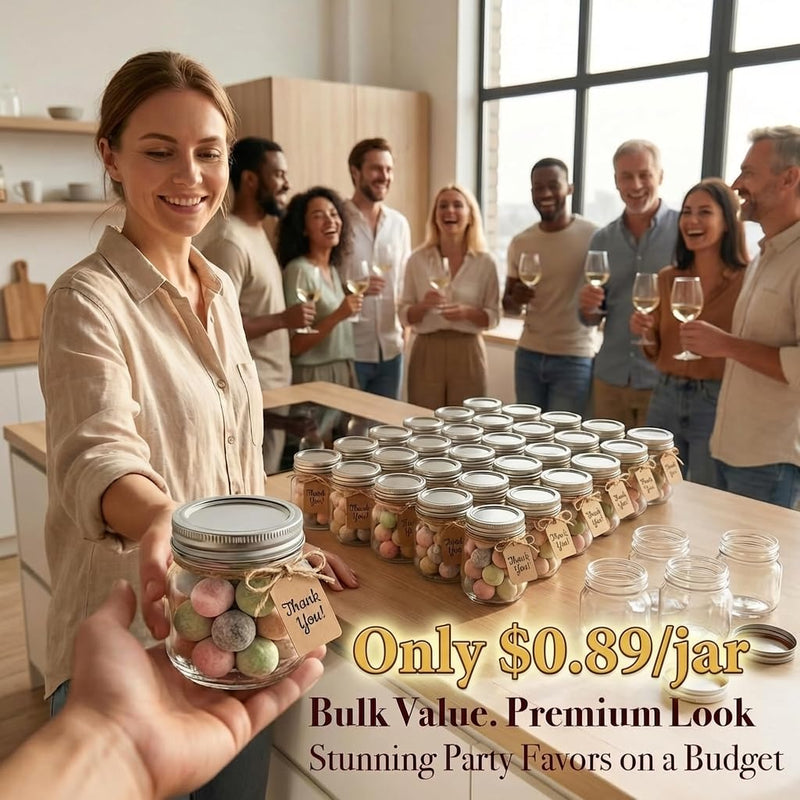 8 oz Mason Jars with Airtight Silver Lids - 30 Pack Small Glass Jars Set with Labels, Twine & Mesh Bags - Wide Mouth Canning Jars for Party Favors, Baby Shower, Wedding & Bulk Crafts 8oz-30pack