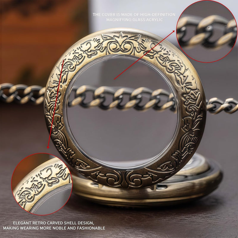 Mechanical Pocket Watch, for Men Women Special Magnifier Half Hunter Engraved Case Roman Numerals with Chain Ba. Sun-God-Bird, Bronze Black
