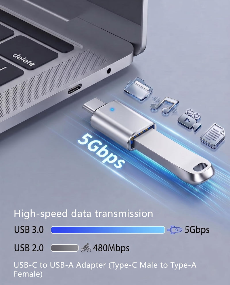 USB C to USB A 3.0 OTG Adapter, Silver, 3 Pack for Data Devices | Instantly connect keyboards or flash drives to your laptop or phone. LED indicator confirms sync status. Compact space-saver. 3-Pack