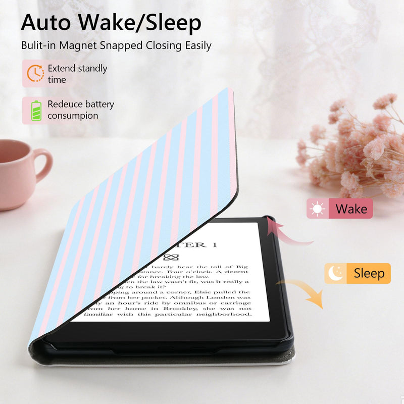 Stand Case for 7" Kindle Paperwhite 12th Pink Blue Stripes | Compatible with Kindle Colorsoft Signature Edition 2024 with Hand Strap | Slim Leather Protective Cover with Auto Sleep/Wake 7" Kindle Paperwhite 12th Generation