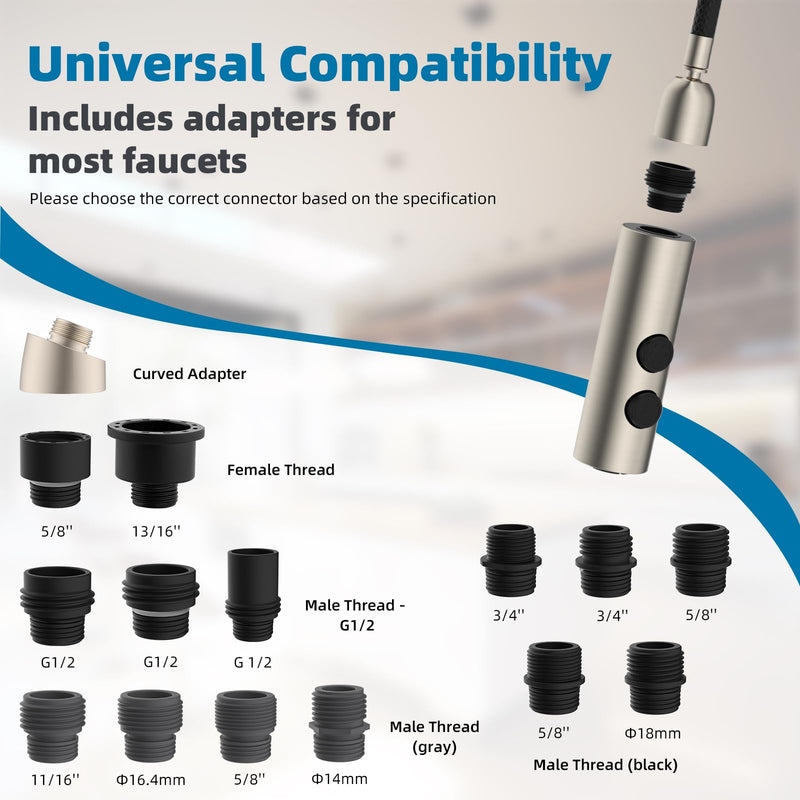 Hibbent Metal Pull Down Kitchen Faucet Head Replacement with 15 Adapters, Sink Spray Head, 2 Function Spray Nozzle Compatible with Moen, American Standard, Delta, Kohler Faucets, Brushed Nickel Stainless Steel