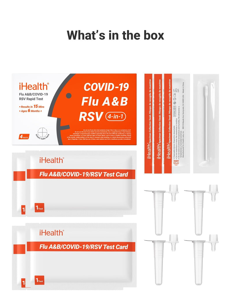 iHealth Flu A/B, COVID-19 & RSV 4-in-1 Antigen Rapid Test, Results in 15 Minutes, FDA Authorized OTC Home Test, Non-Invasive Nasal Swab, Easy to Use & No Discomfort (1 Pack, 4 Tests Total) 1 Pack, 4 Tests